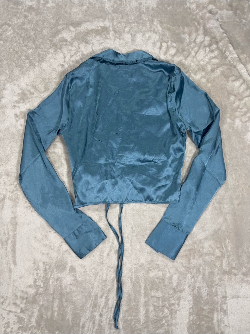 Teal Satin Ruched Crop Blouse XS Y2K City Girl Tie Front Top Chic - Picture 11 of 11